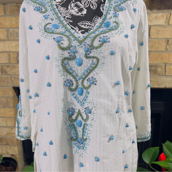 Boston Proper Embellished Tunic White with Turquoise Baubles ~ M NWT - Picture 5 of 12